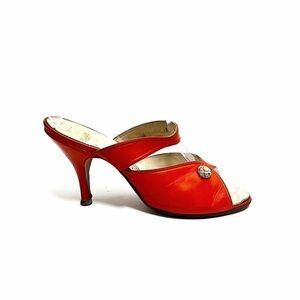 Vintage 1970s orange leather strappy asymmetrical open toe mule style heels